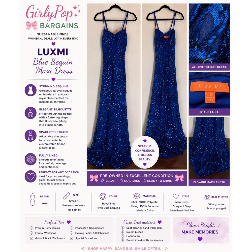 Luxmi Royal Blue Sequin Mermaid Maxi Dress Small Formal Prom Gown Sweetheart